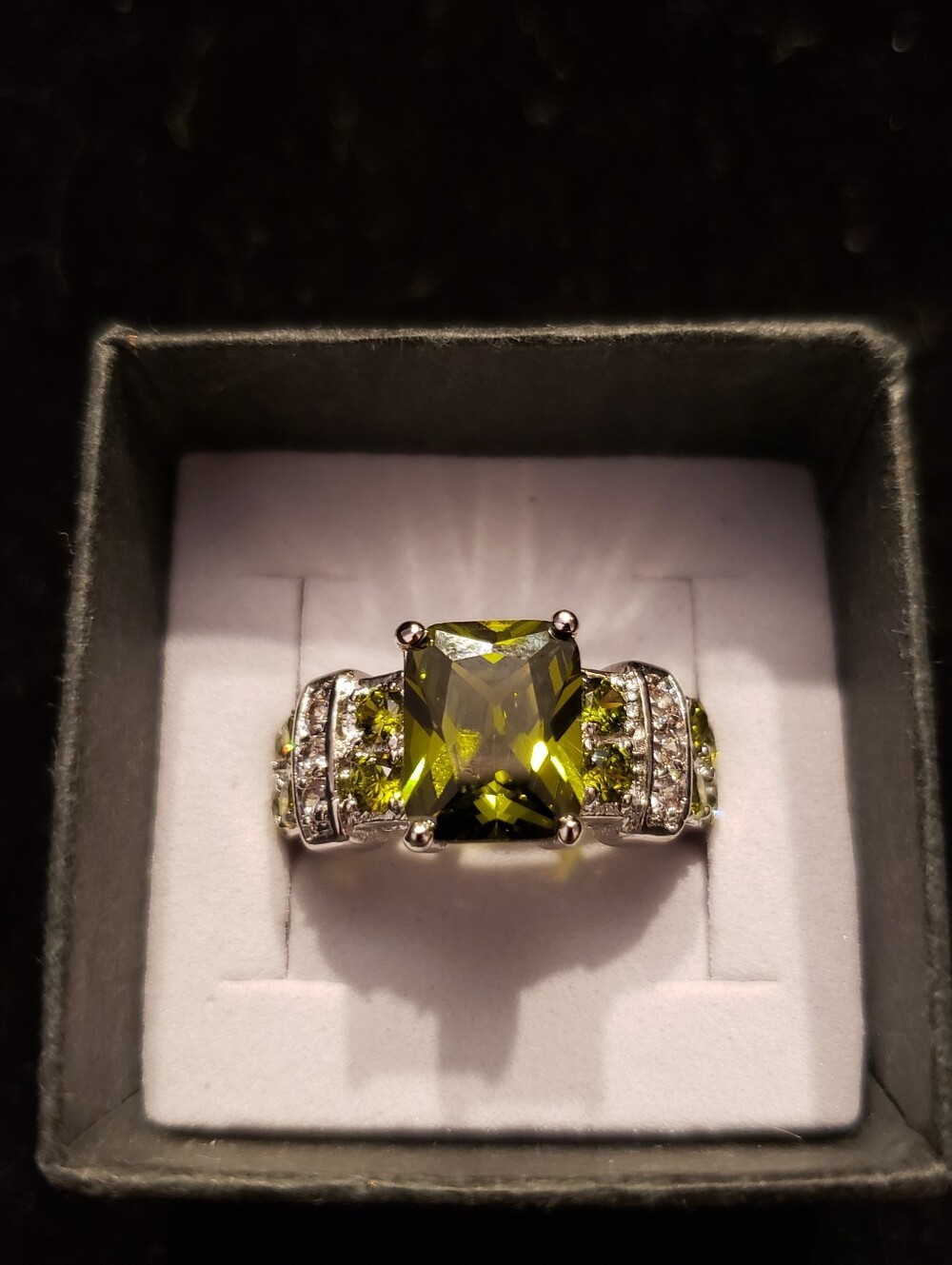 NEW Peridot Sterling Ring, Sz. 6.5 W/ Rhodium Plate 4 Tarnish Resist Emerald-cut